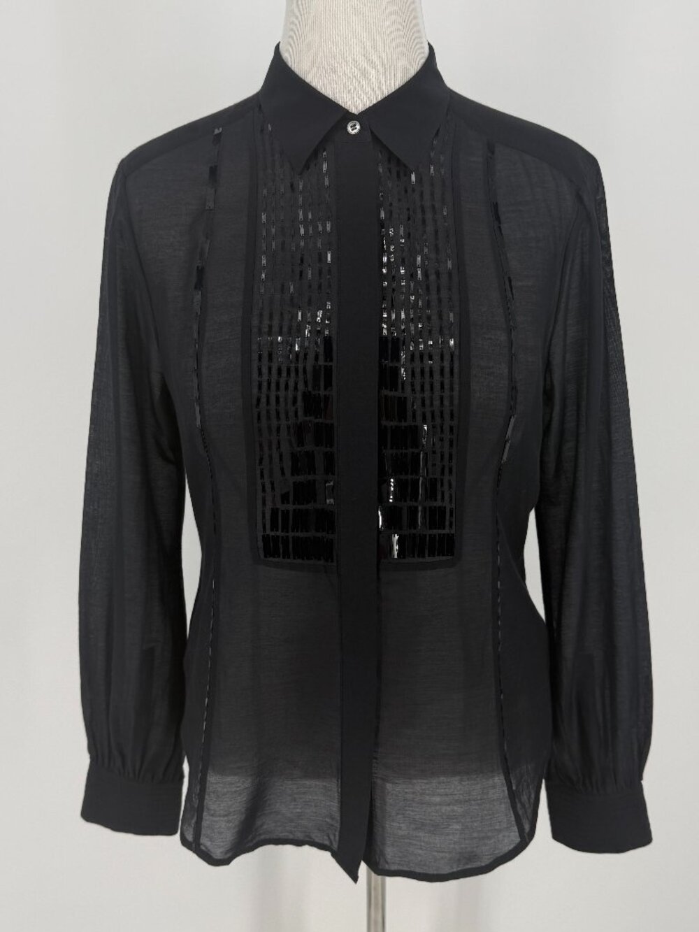 Saltaire Black Sheer Silk Blend Sequin Tuxedo Blouse 12